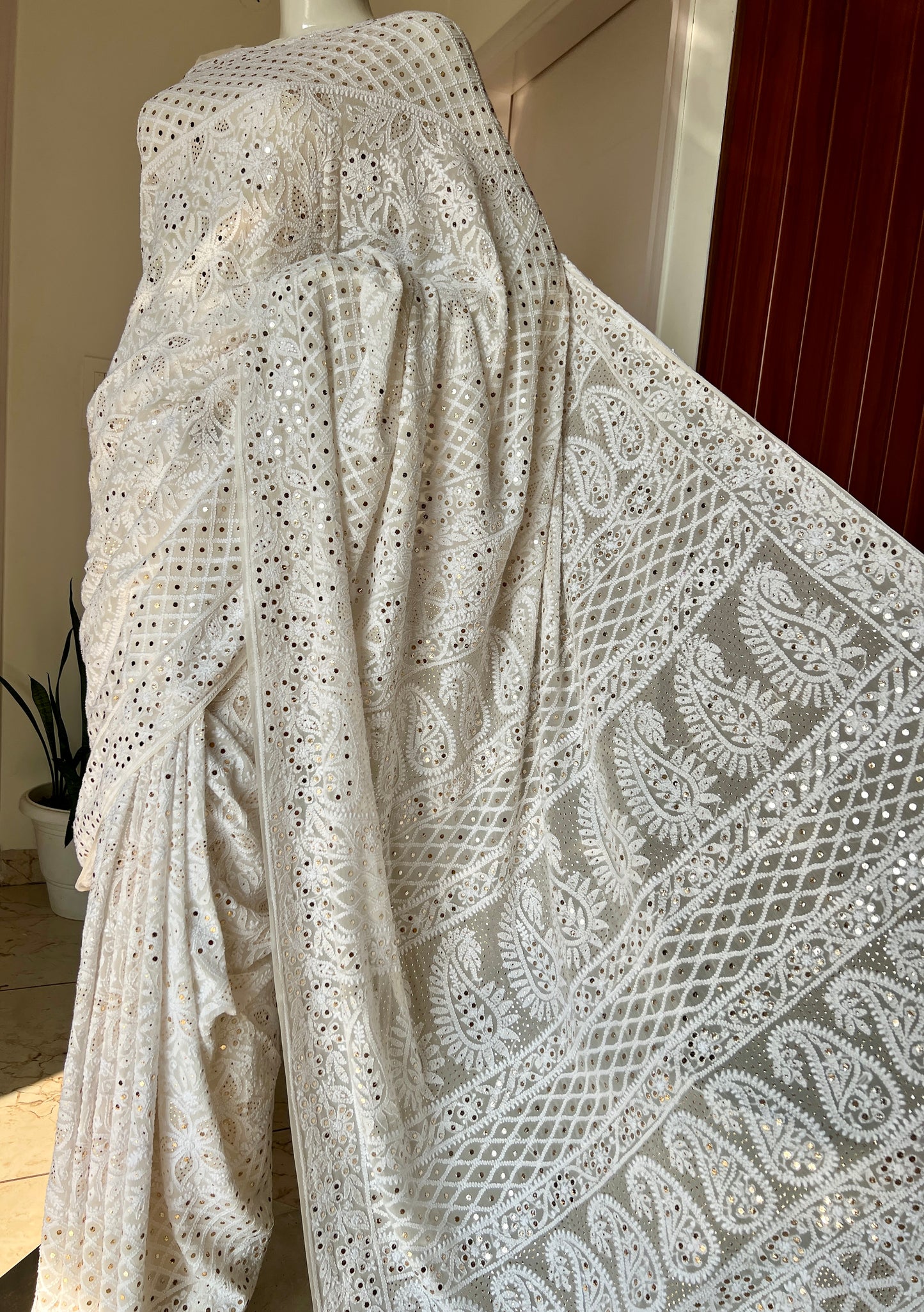 Ruhani Ivory Allover Designer Chikankari and Mukaish Saree