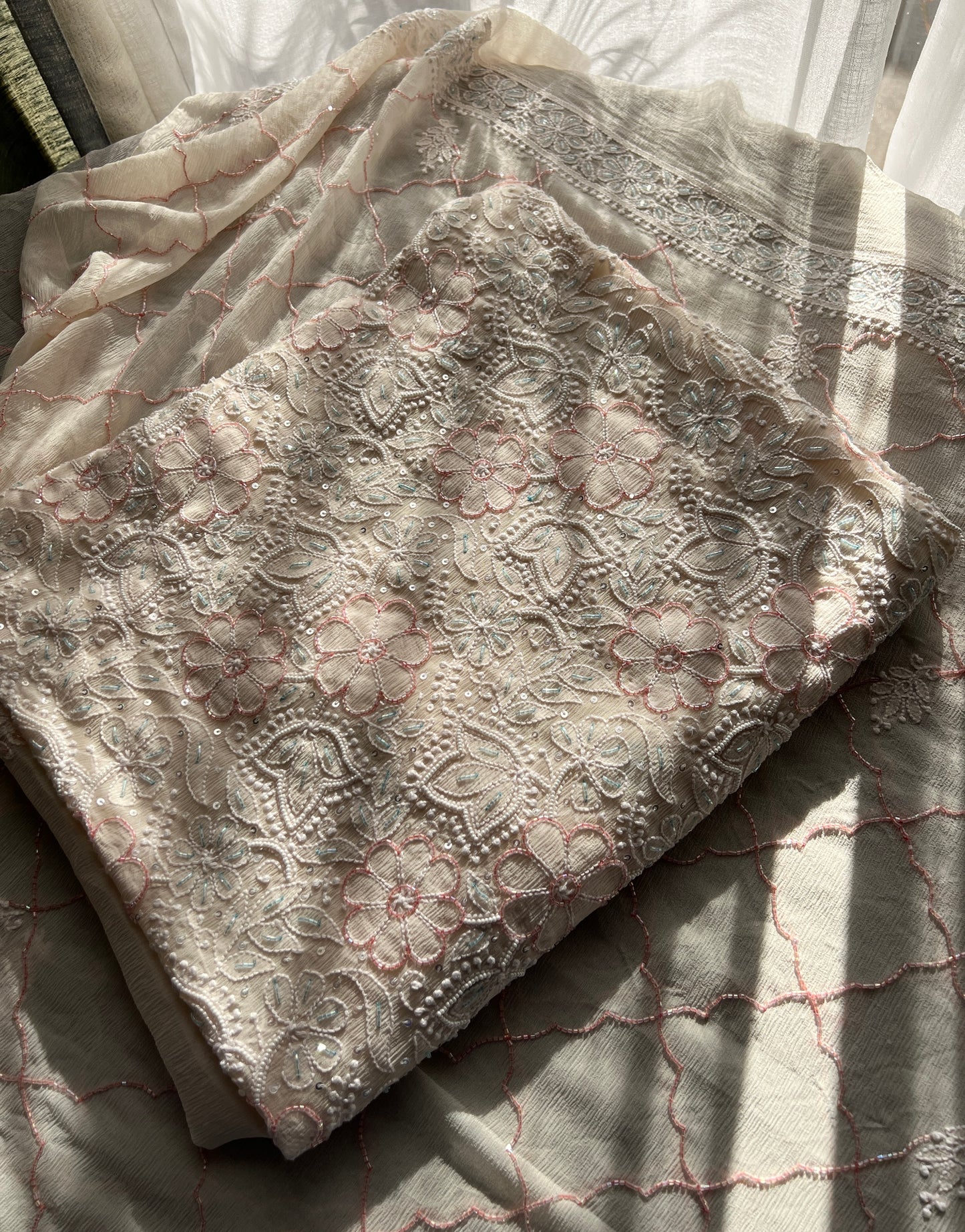 Cream pure chiffon Chikankari cut dana and sequins kurta and dupatta