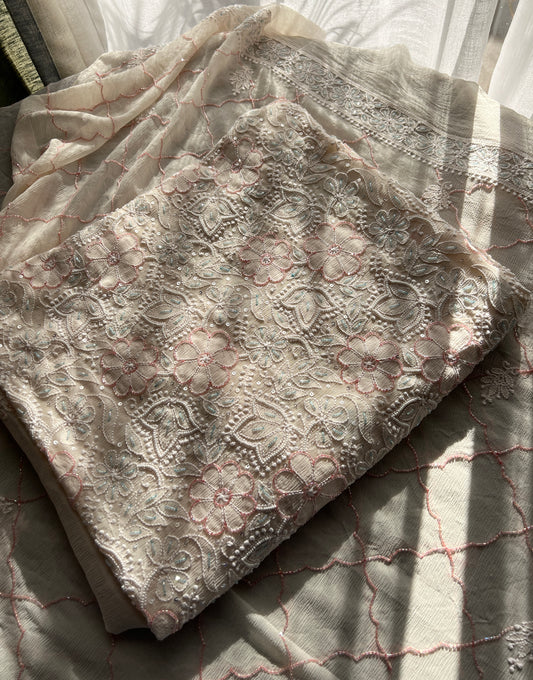 Cream pure chiffon Chikankari cut dana and sequins kurta and dupatta