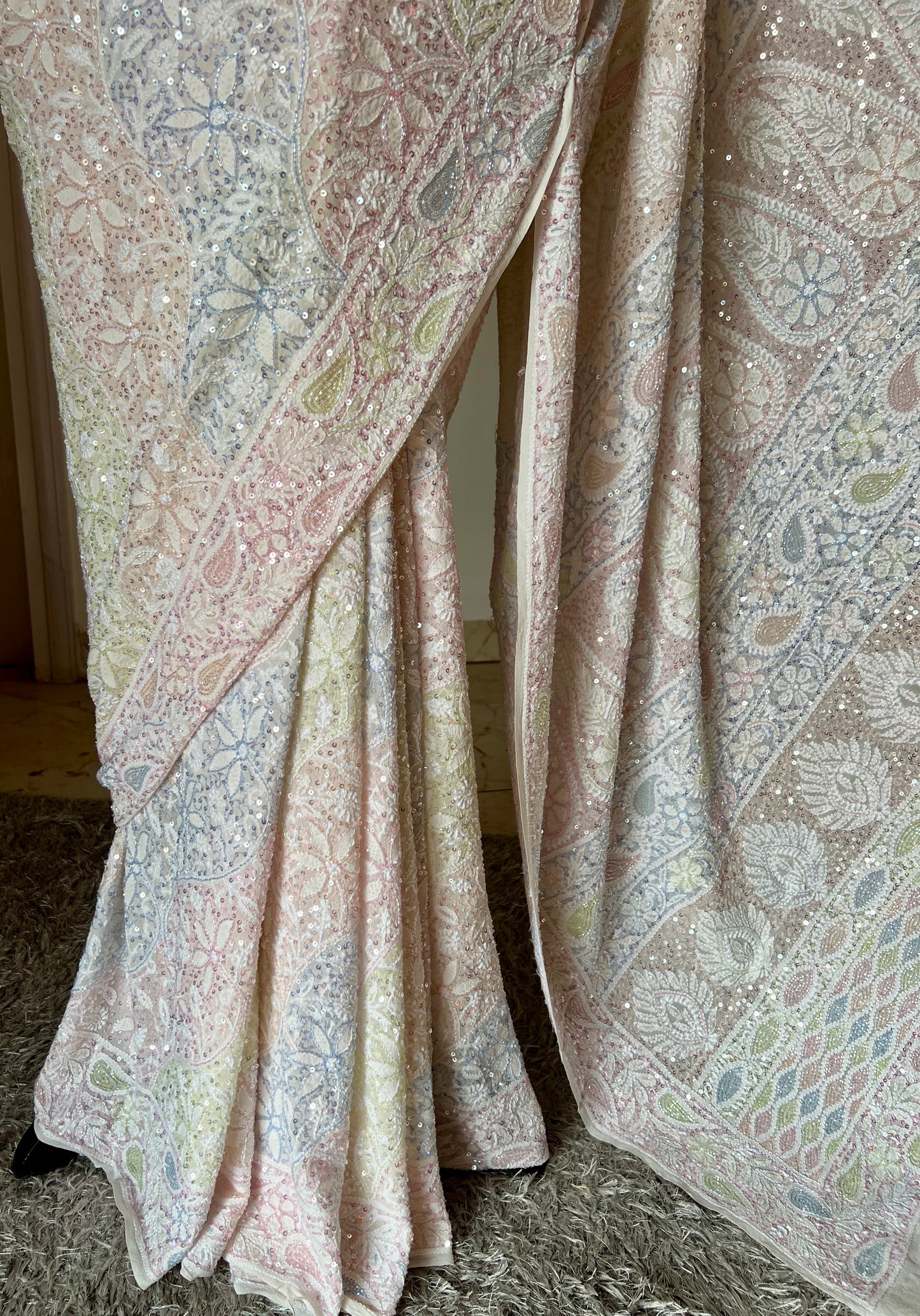 Ruhani Ivory Chikankari Multi Cut Dana and Sequins Saree