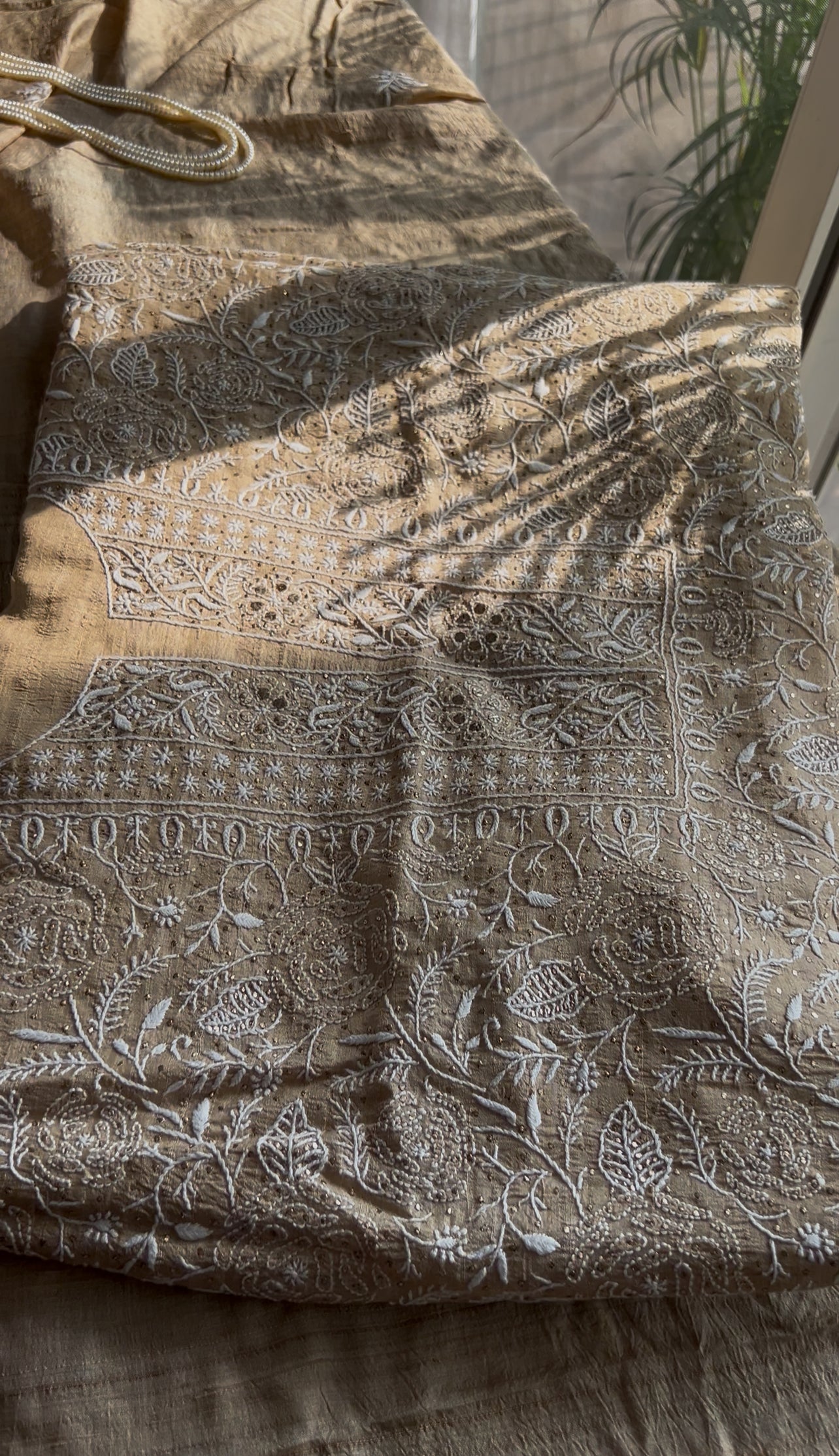 Pure Tussar silk Chikankari and mukaish embroidered kurta and dupatta