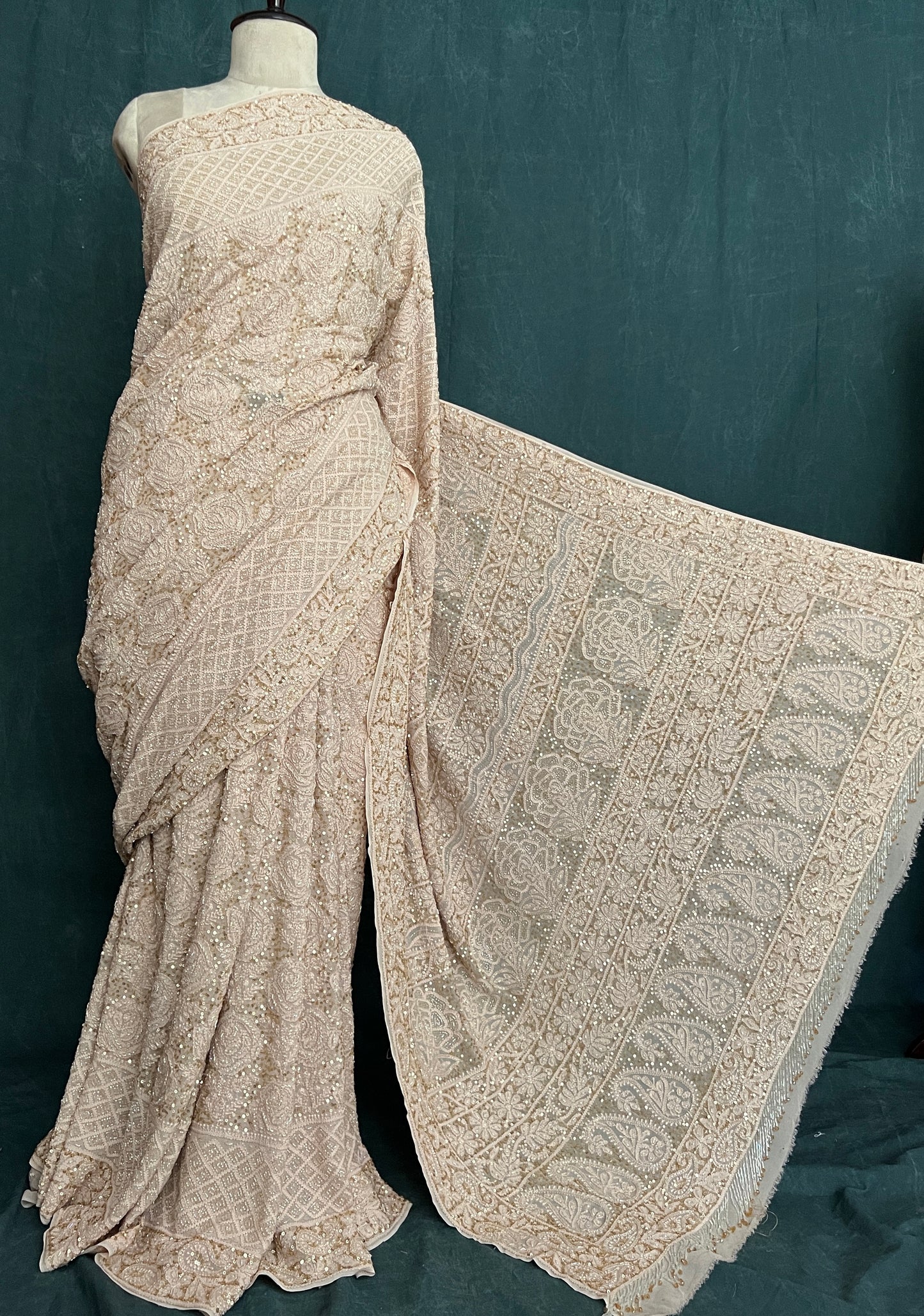 Ruhani Luxurious Chikankari Sequins Cut Dana Embroidered Masterpiece Saree