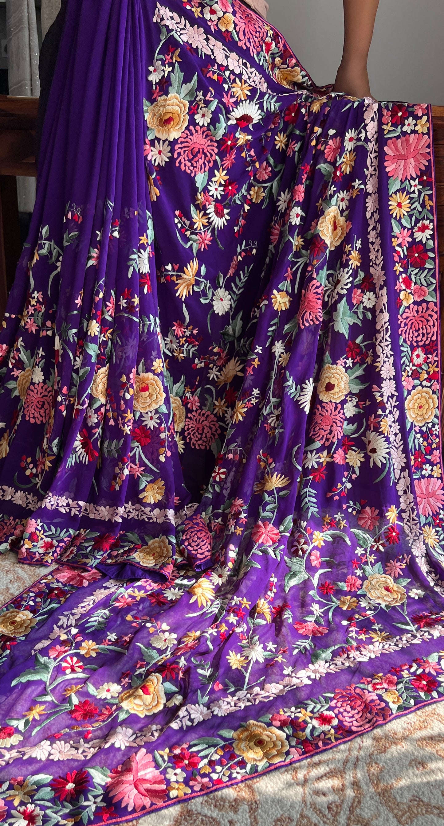 Aubergine purple floral Masterpiece Parsi Gara Pure Georgette Saree