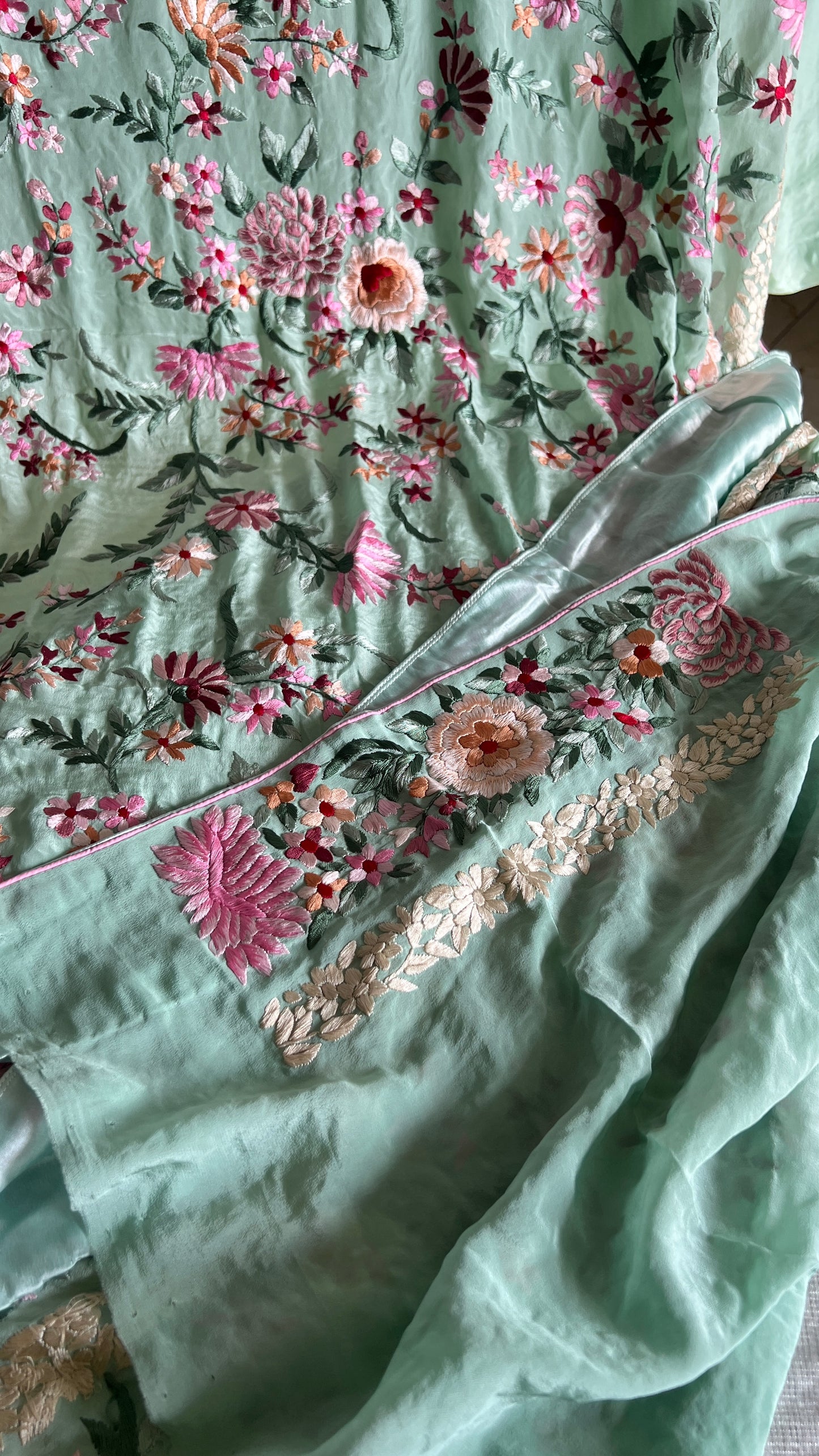 Mint Green Masterpiece Parsi Gara Pure Crepe Saree