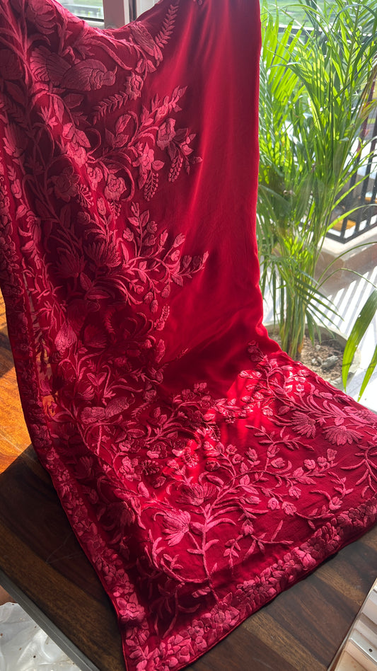 Roja Red pure georgette saree with parsi gara hand embroidery