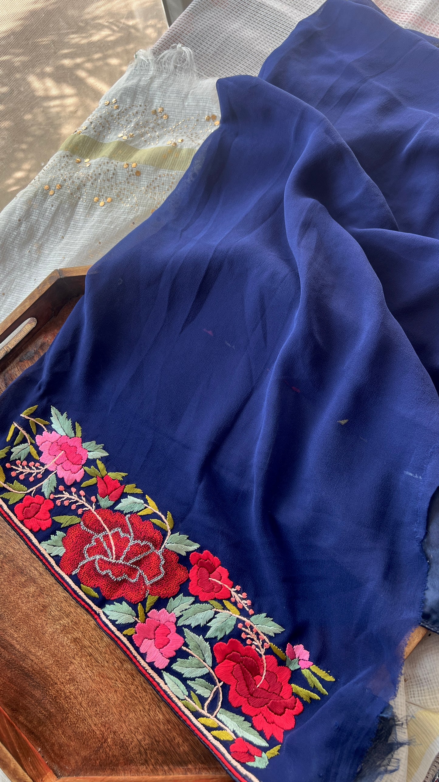 Navy Blue Pure Georgette saree with allover Parsi gara and french knot hand embroidery