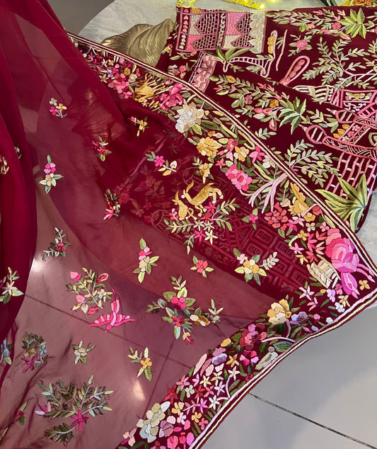 Maroon Masterpiece Hand Embroidered Parsi Gara kurta set