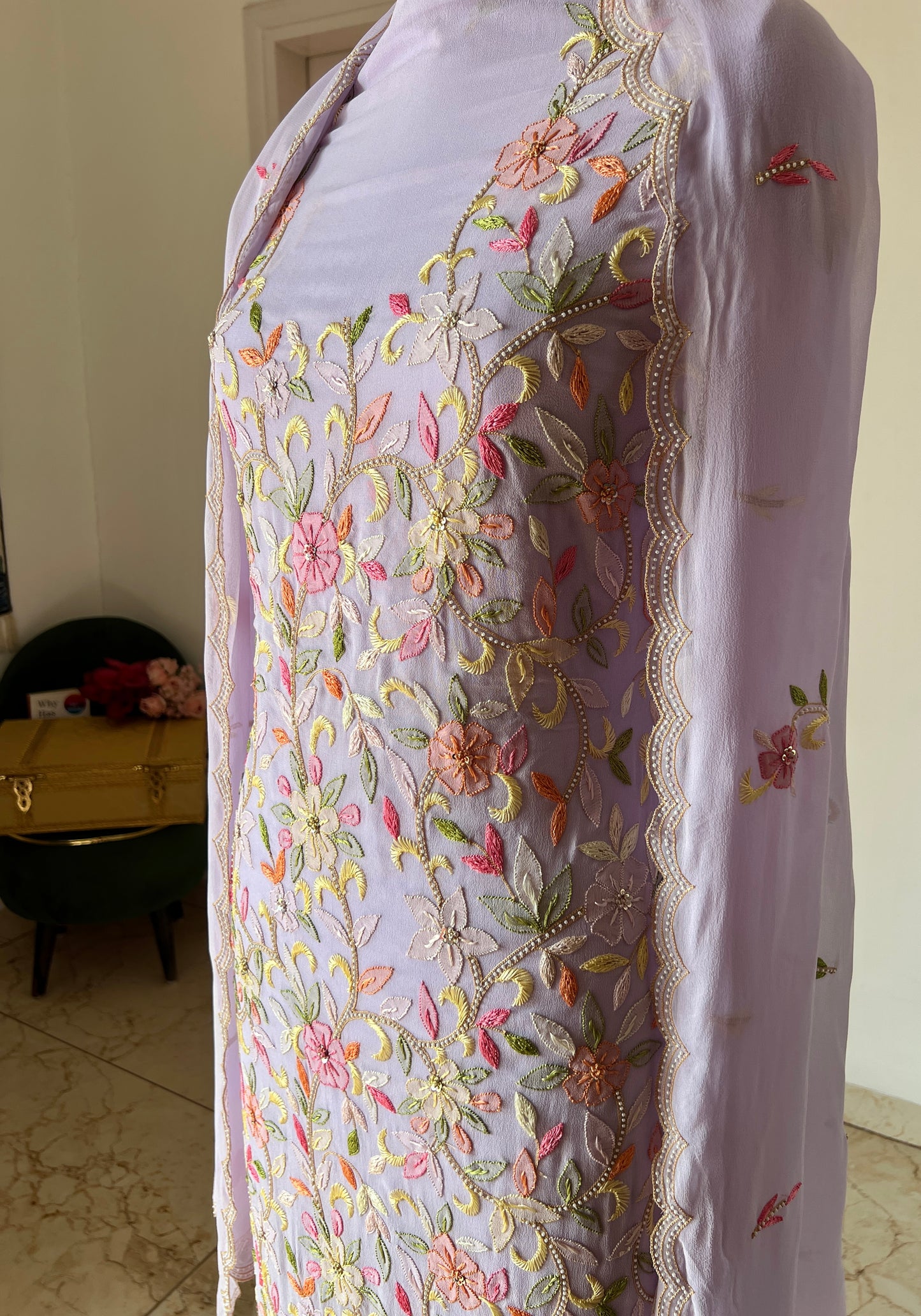 Lavender Resham Chikankari Parsi Gara and pearl work suit