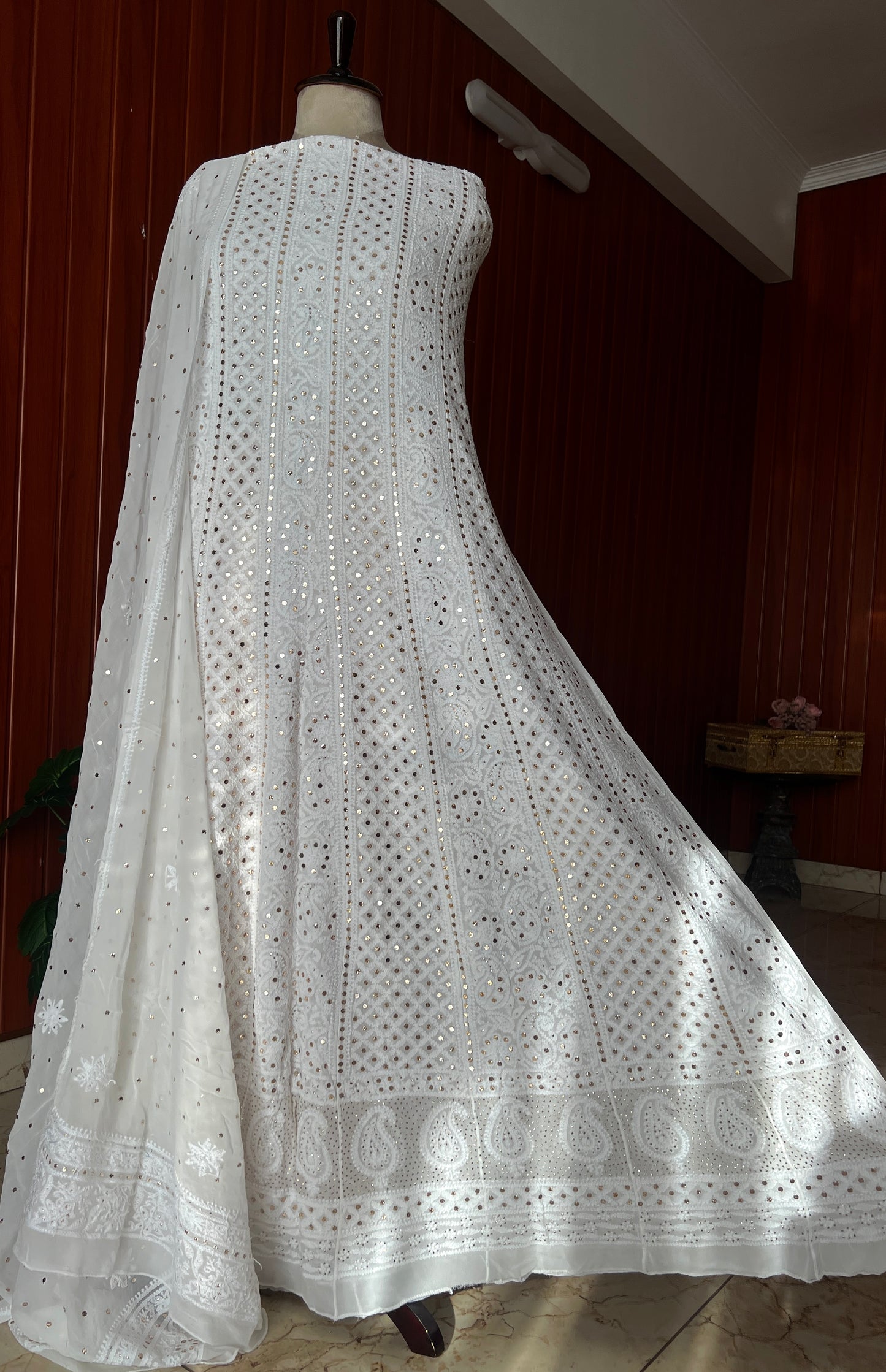 White allover Chikankari and mukaish anarkali with dupatta