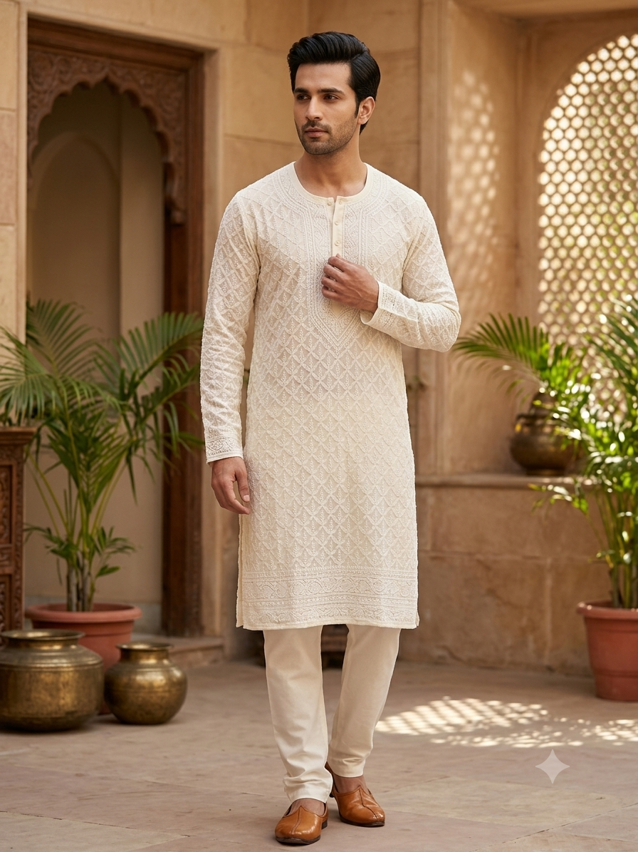 Ivory Allover Chikankari Men's Kurta Fabric