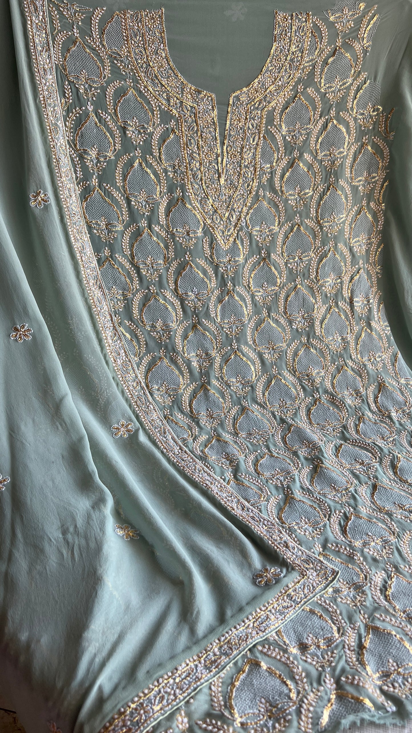 Sage Green Chikankari Pitta kasab work kurta and dupatta