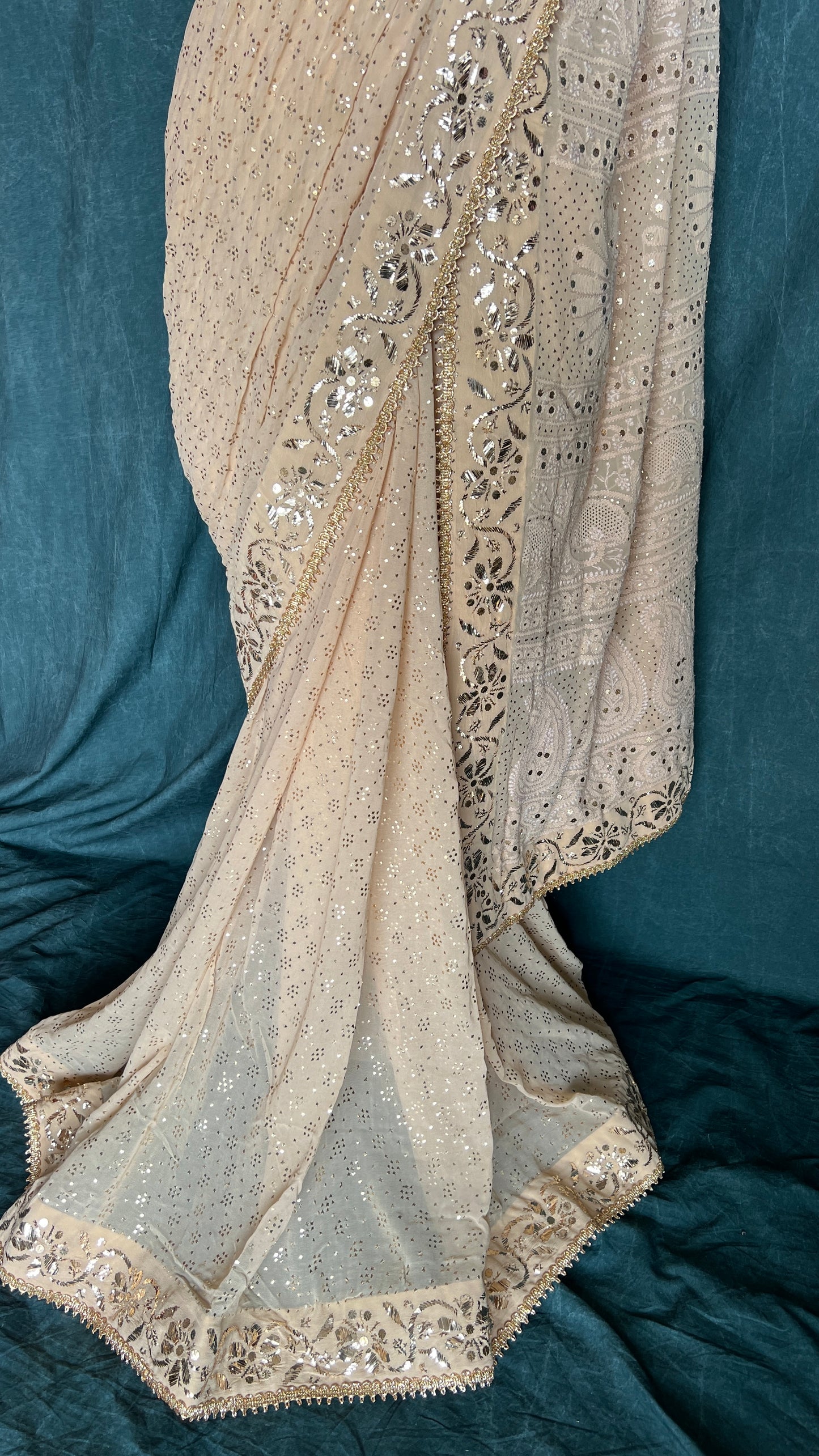 Ruhani Golden Beige Badla Mukaish and chikankari Pure Georgette Saree