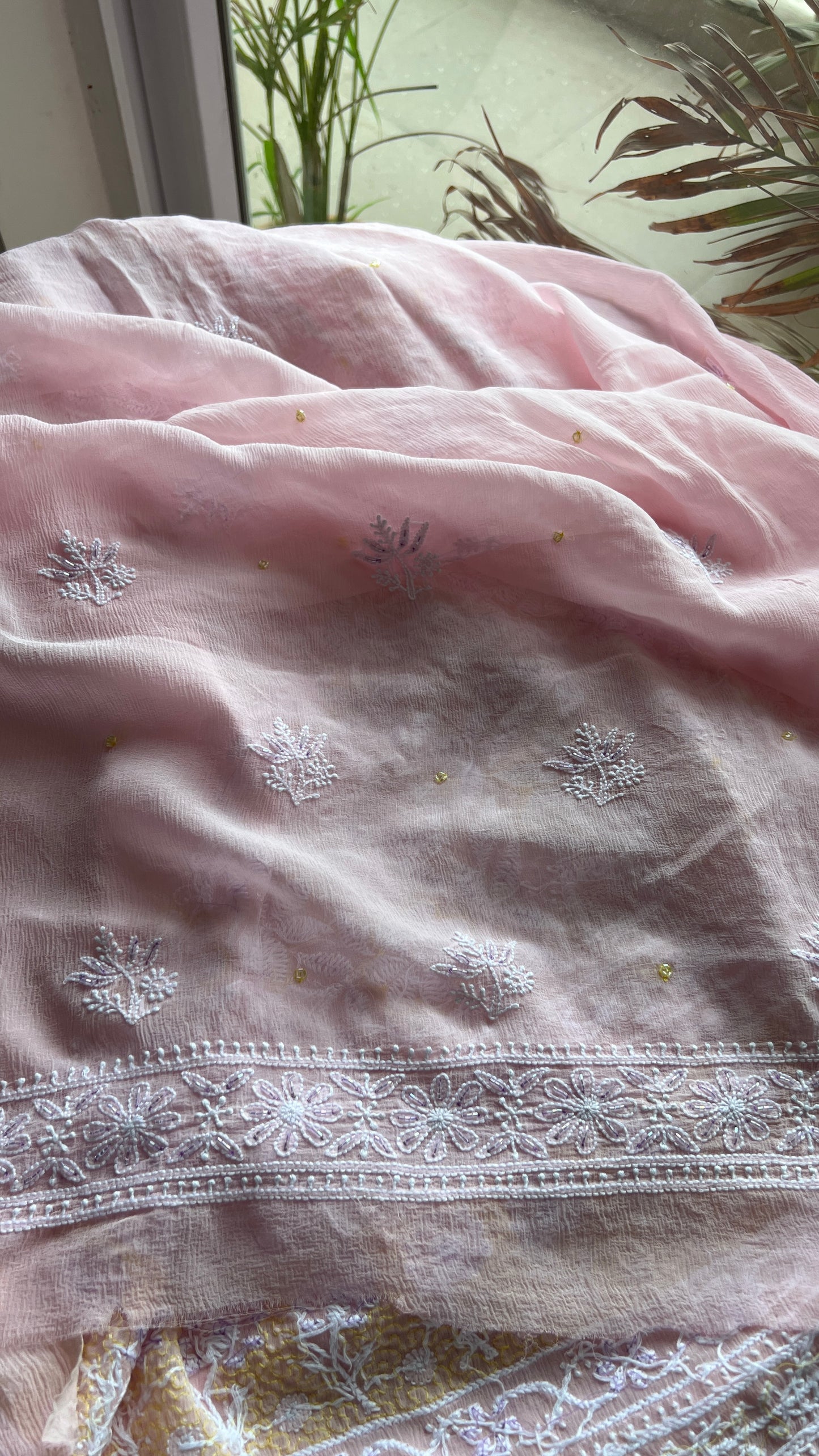Ruhani Pink pure chiffon Chikankari cut dana and sequins kurta and dupatta