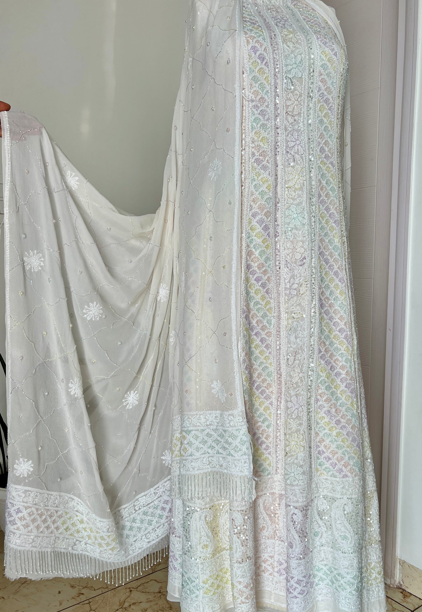 Ivory Chikankari multicolored Sequins and Cut Dana Anarkali