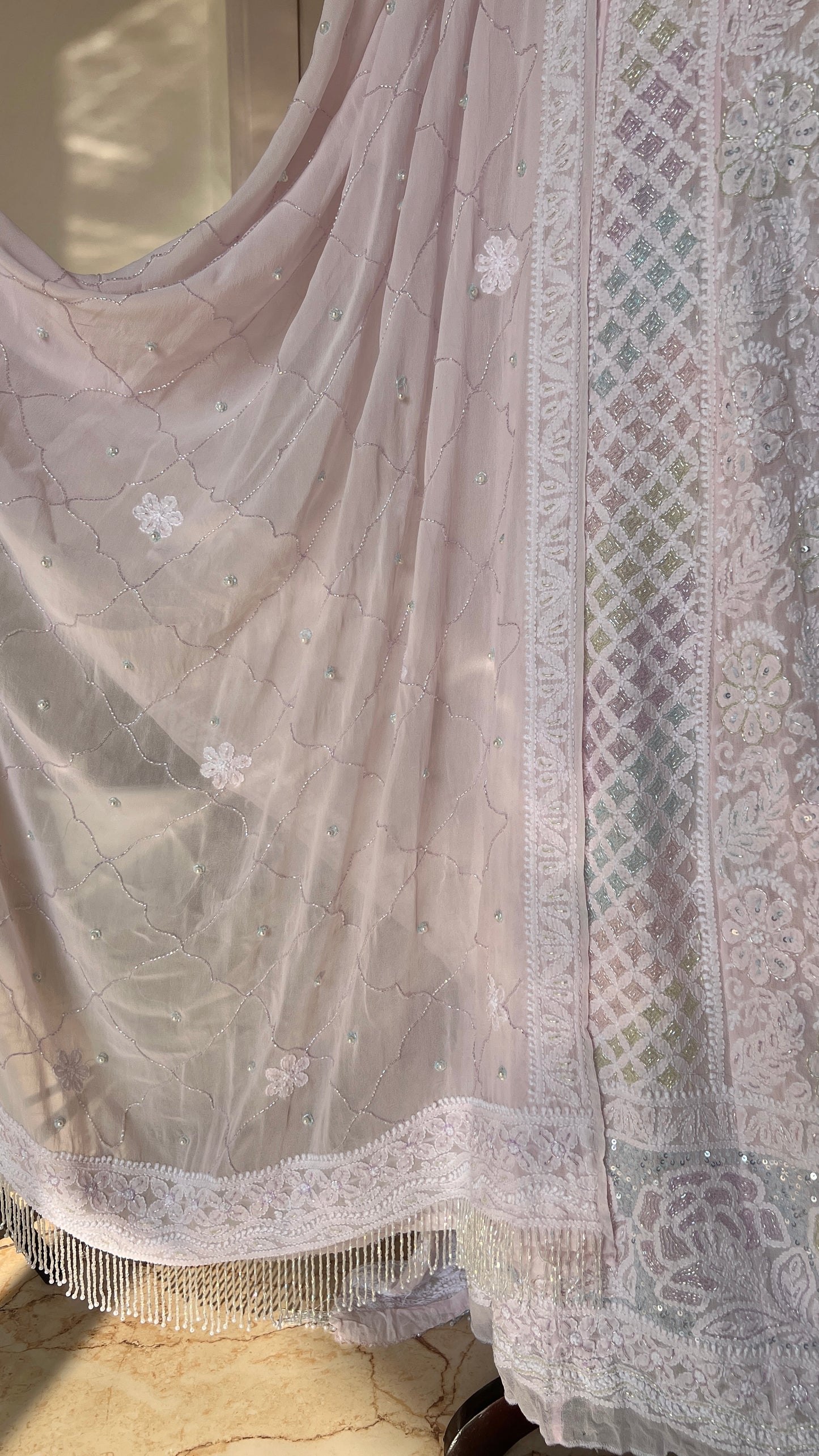 Ruhani Light Pink Chikankari multicolored Sequins and Cut Dana Anarkali