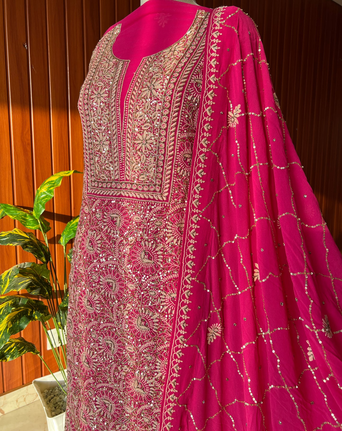 Suhaan Rani Pink 3 taar Chikankari kurta with heavy sequinned dupatta
