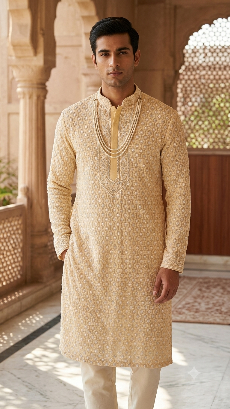 Butter yellow Pure Georgette Allover Chikankari and Cut dana sequins Men's Kurta Fabric