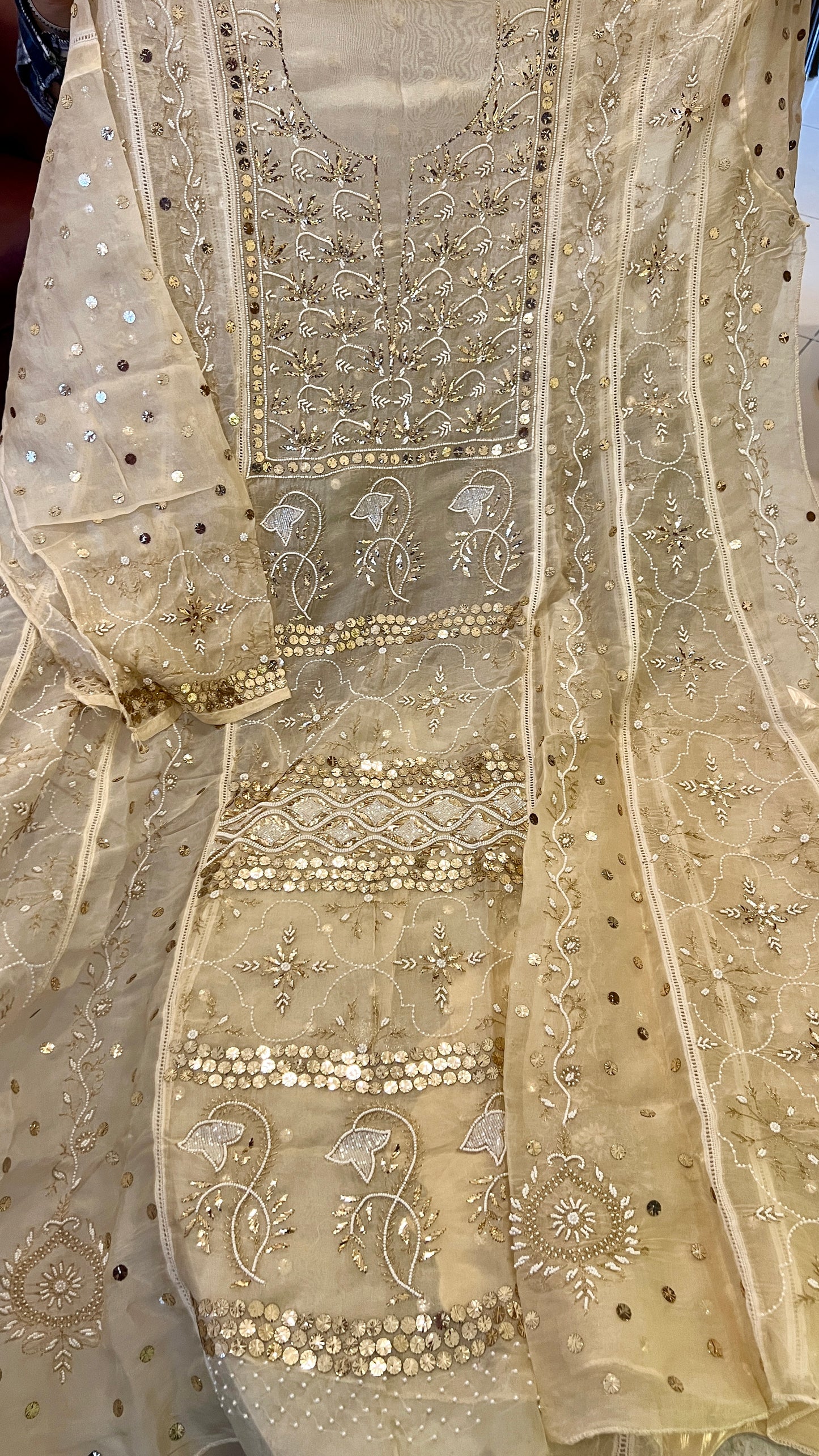 Pure Organza Anarkali with mukaish sequins and pearl work