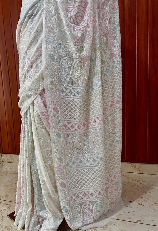 Ruhani Ivory Chikankari multicolored Cut Dana and Sequins Saree