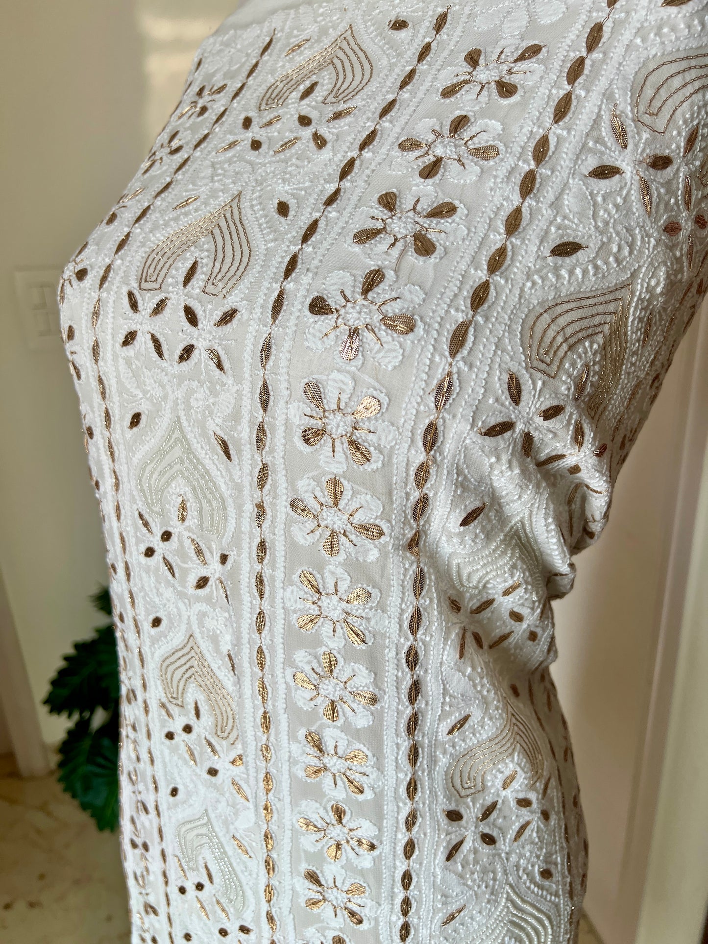 White Chikankari gota patti and pearl work kurta and Dupatta