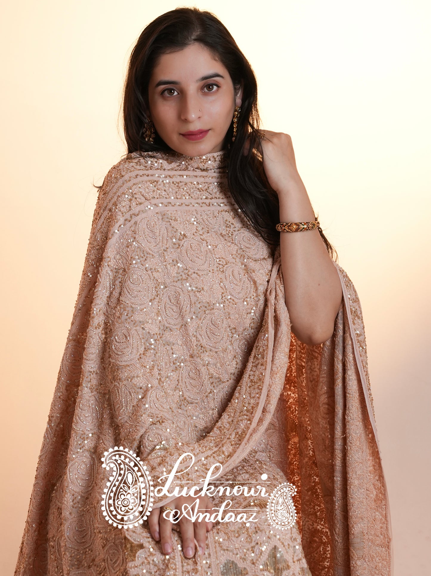 Masterpiece Ruhani Old Rose Chikankari Sequins Wedding Lehenga