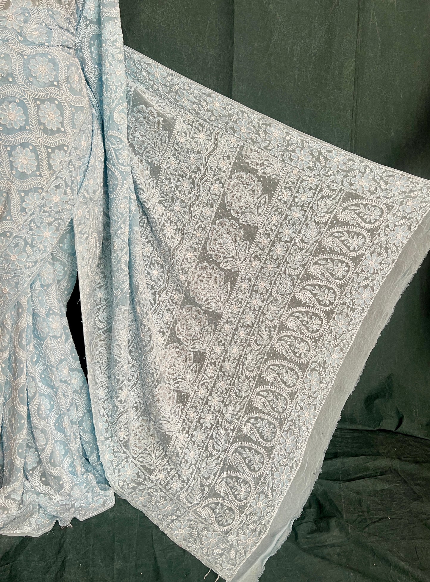 Ruhani Breezy Blue Chikankari Cut Dana and Pearl embroidered Saree