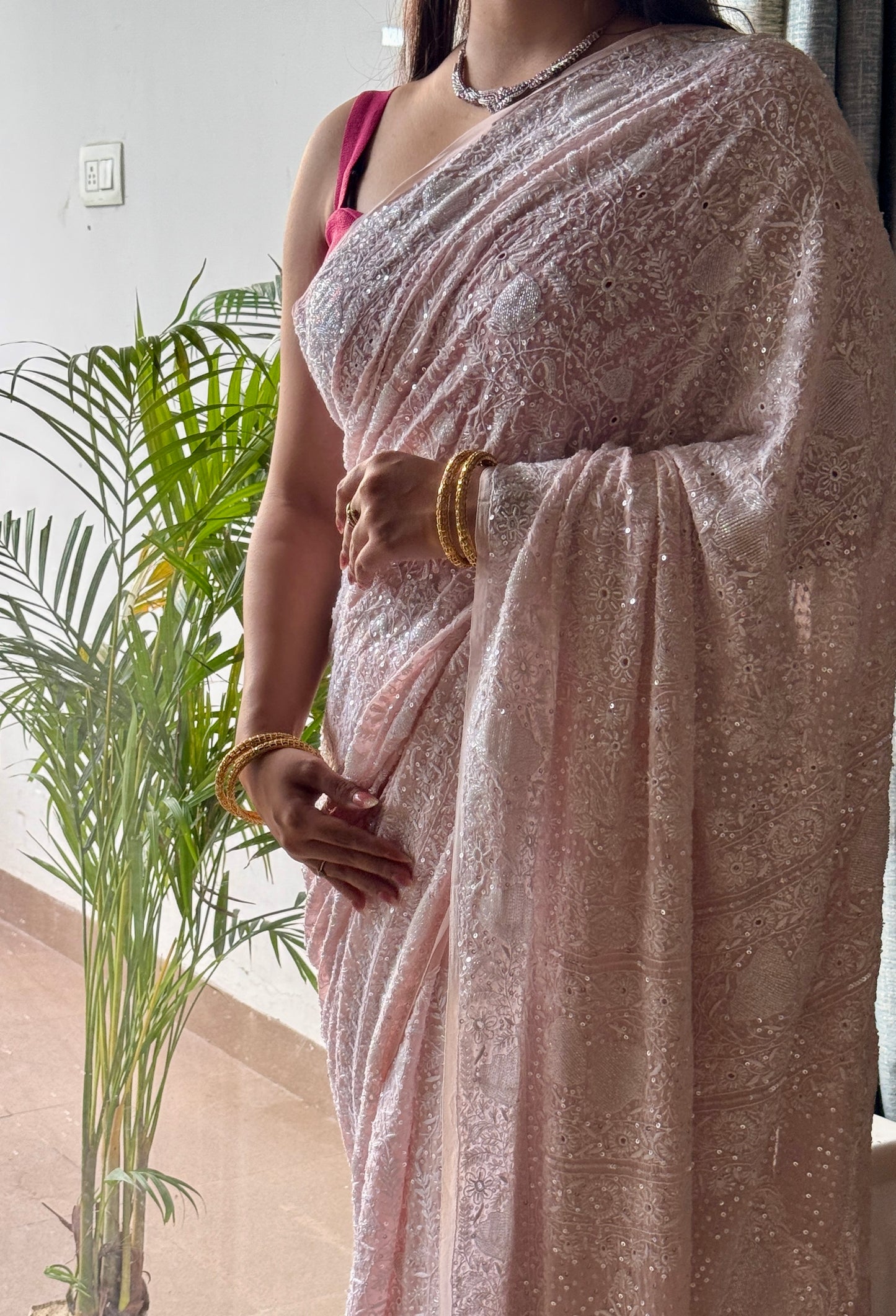 Suhaan Blush Pink Chikankari Do Taar Saree
