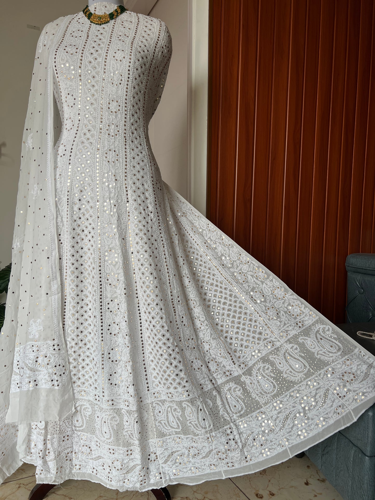 White allover Chikankari and mukaish anarkali with dupatta