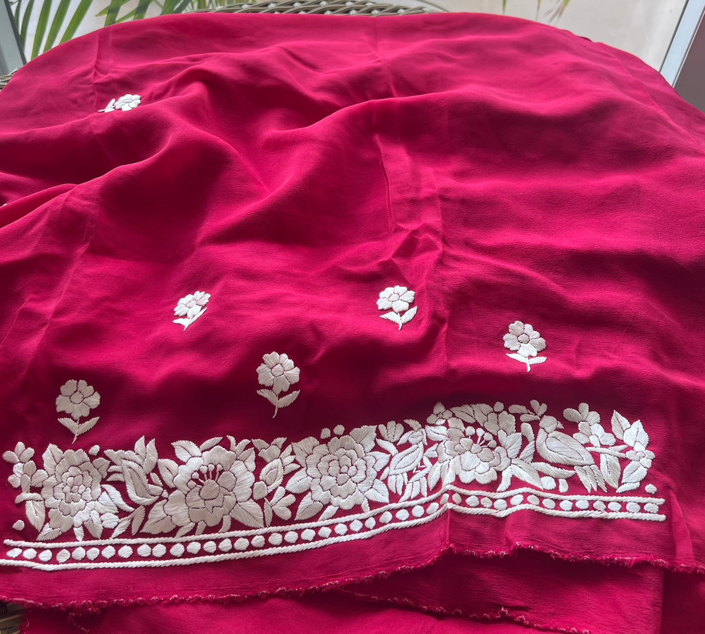 Ruby Red Masterpiece Hand Embroidered Parsi Gara full Suit