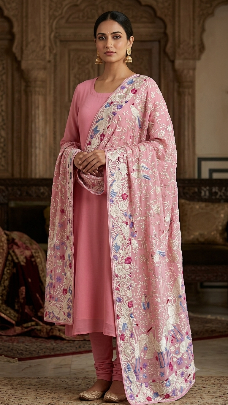 Pink Parsi Gara Hand Embroidered Dupatta