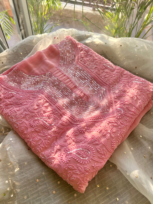 Pink Chikankari cut dana sequins work kurta and dupatta