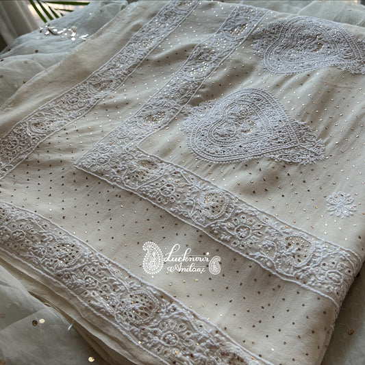 Ivory Ruhani Allover Fine Chikankari and Bareek Mukaish Saree