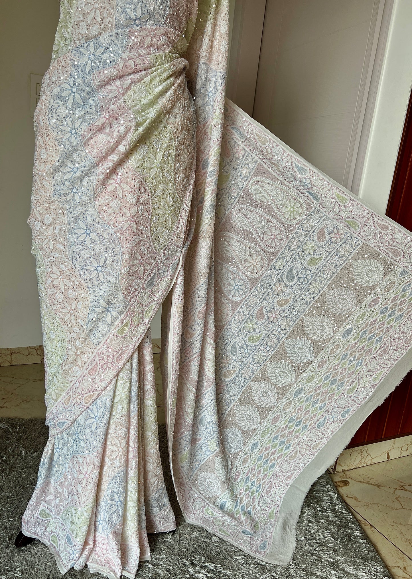 Ruhani Ivory Chikankari Multi Cut Dana and Sequins Saree
