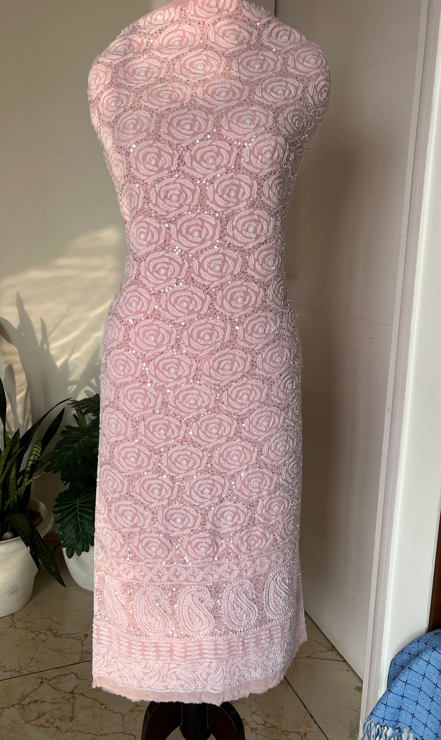Blush pink fine Chikankari Pearl and sequins Embroidered Kurta and Dupatta
