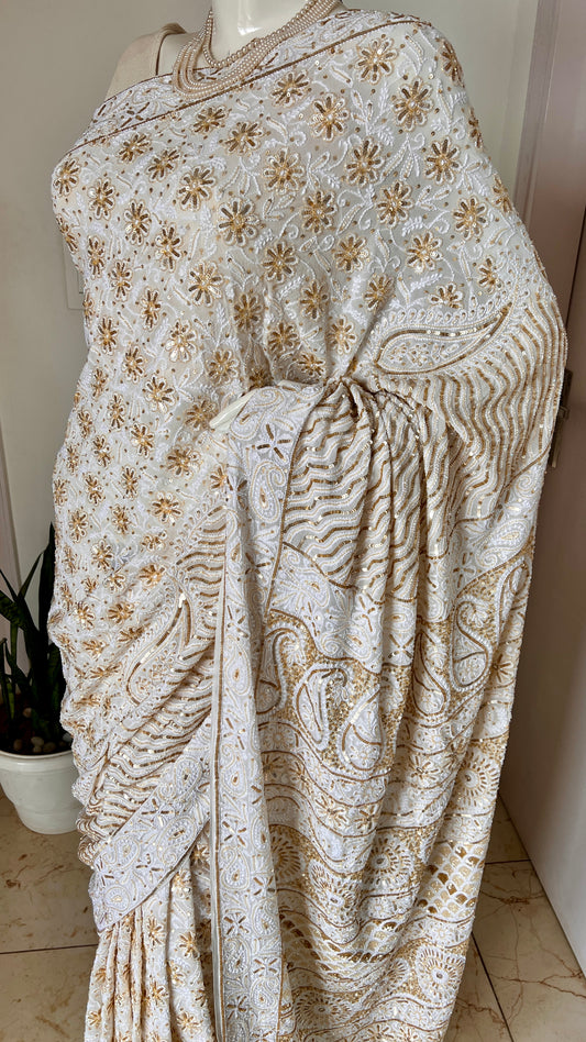 Ruhani Off White Chikankari Sequins Cut Dana Embroidered Masterpiece Saree