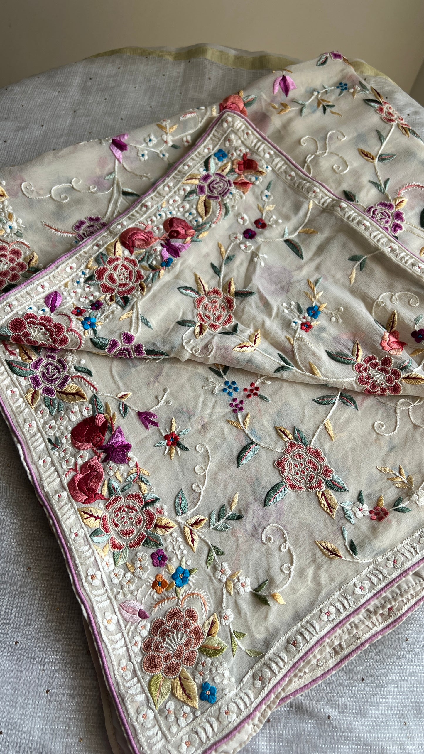 Ivory Masterpiece French knot and Parsi Gara Dupatta