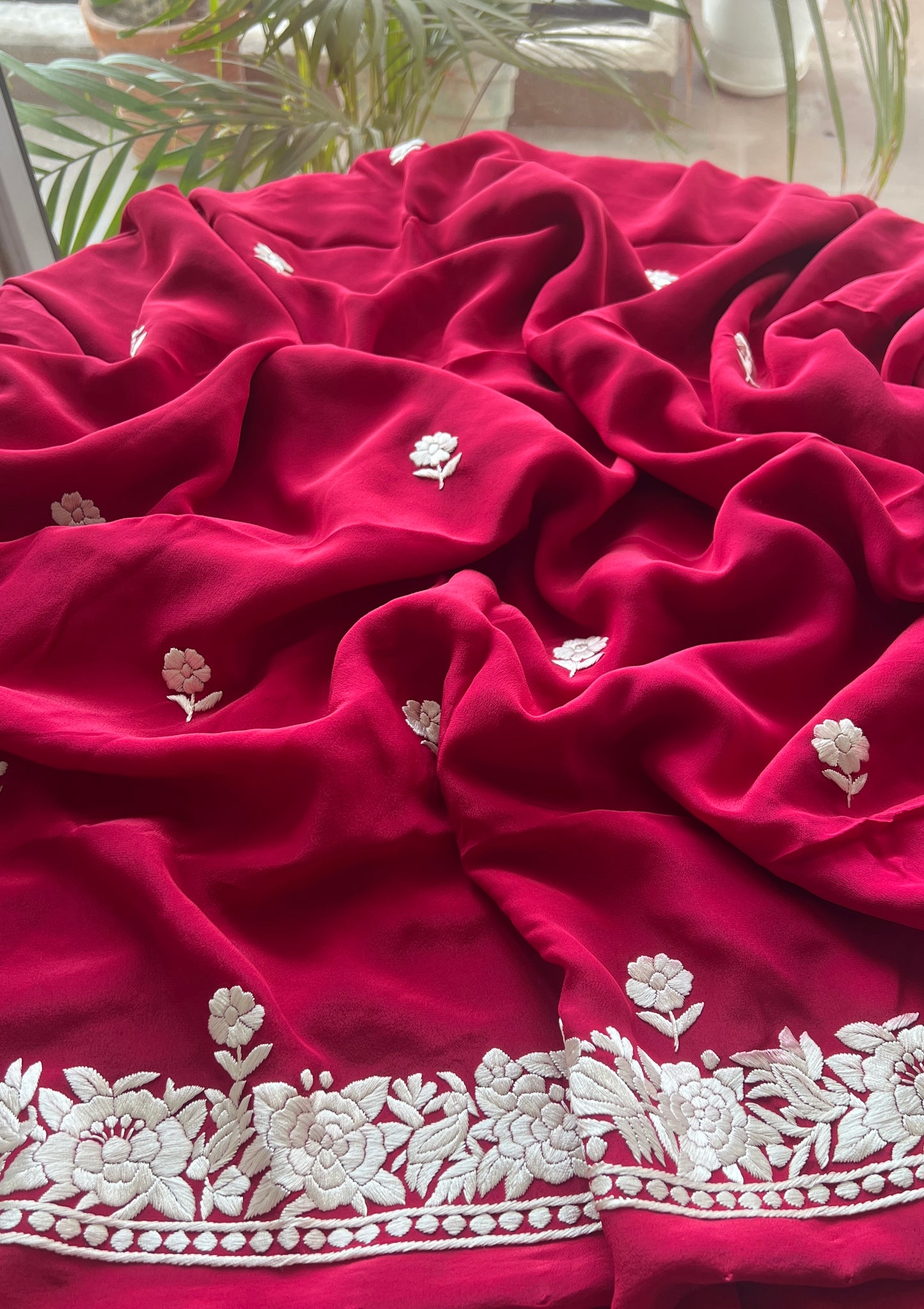 Ruby Red Masterpiece Hand Embroidered Parsi Gara full Suit