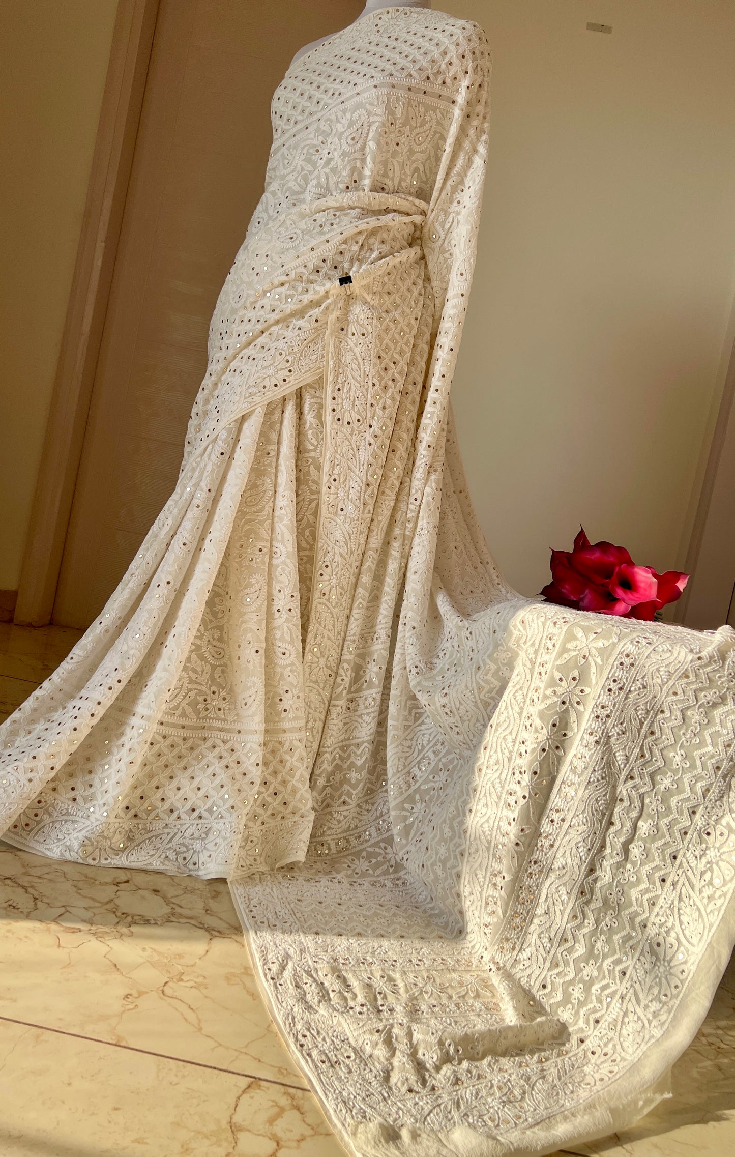 Ivory Ruhani Allover Designer Chikankari and Mukaish Saree