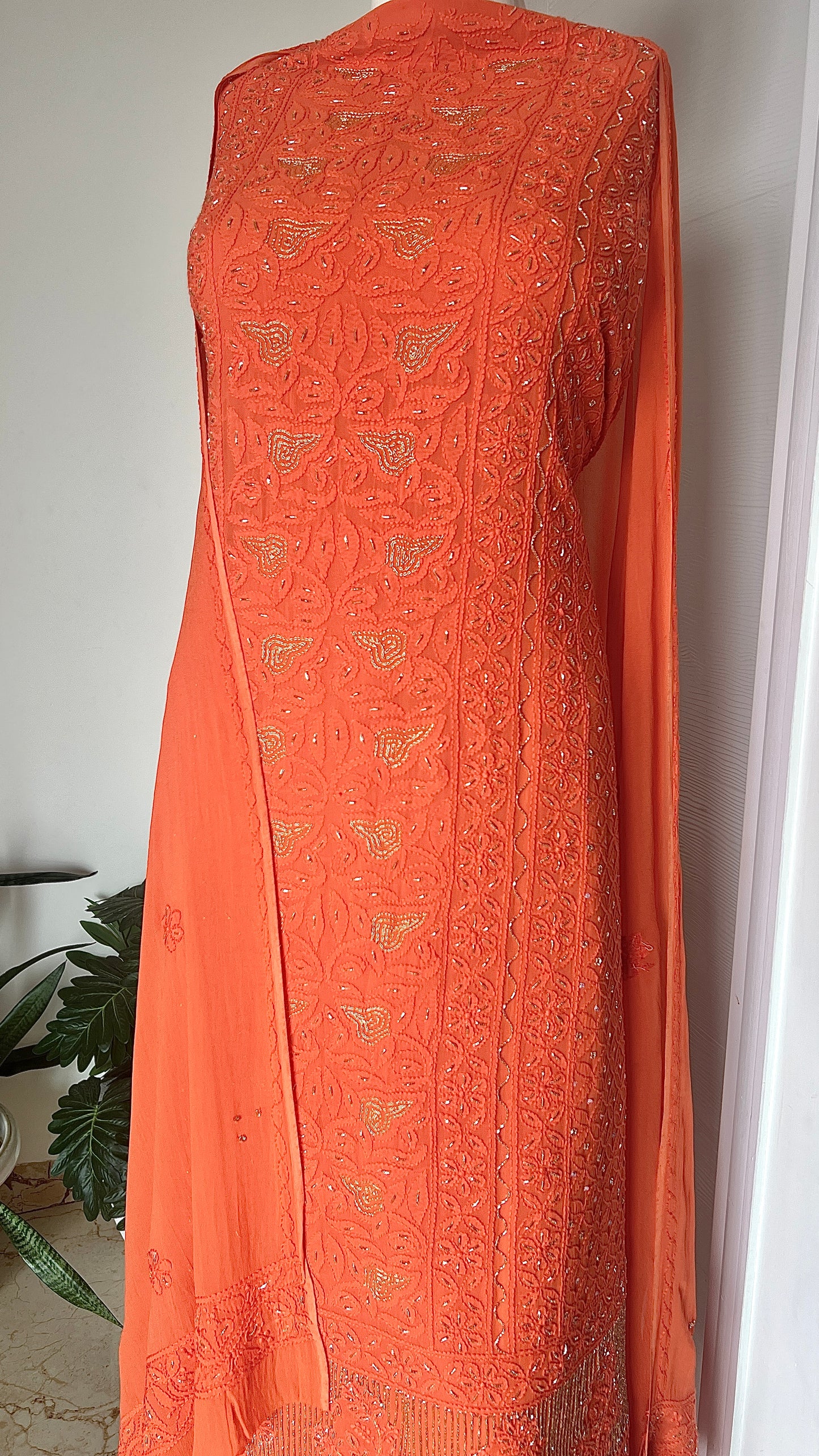 Chikankari golden Cut Dana and aari work Kurta and Dupatta