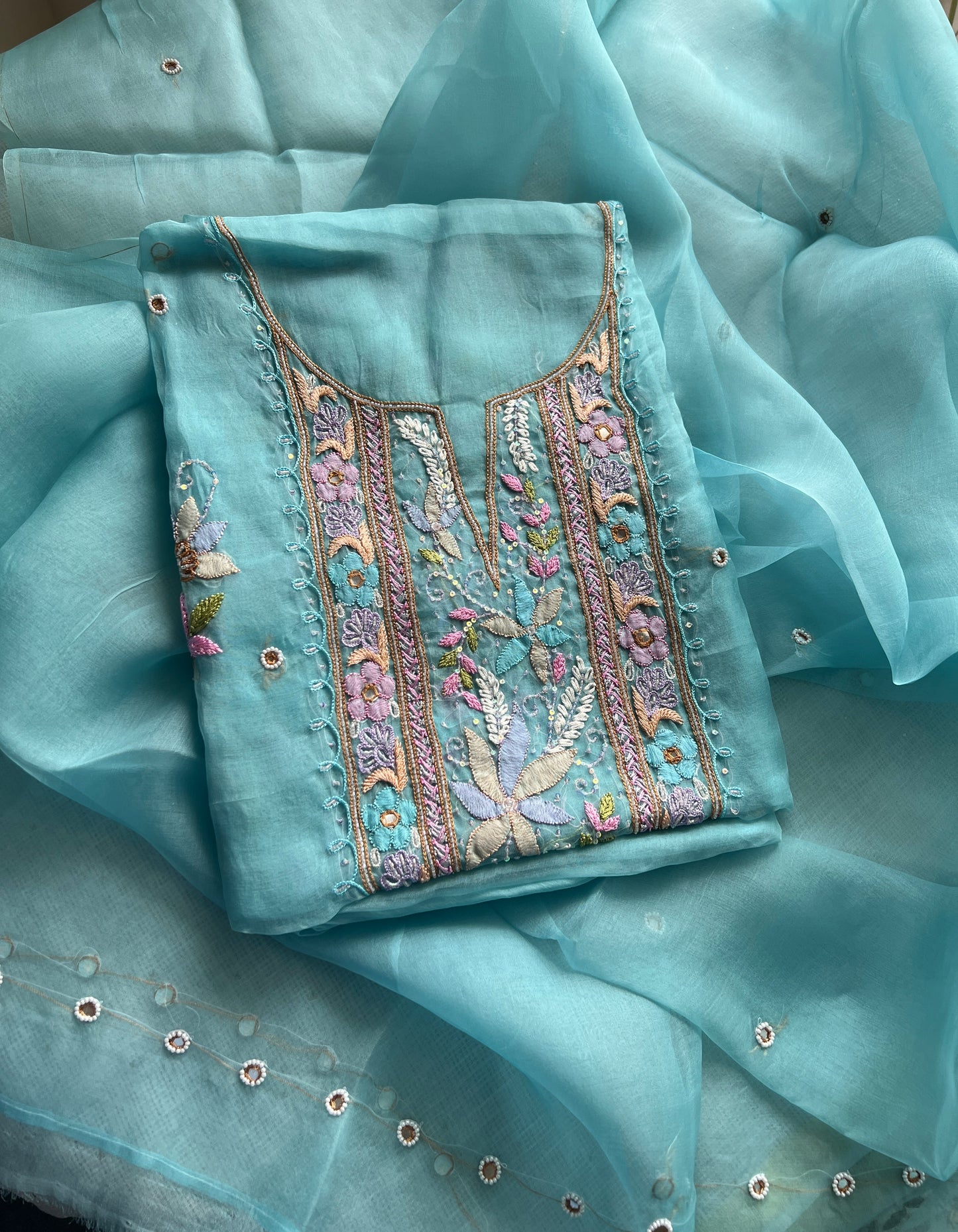 Firozi Resham Chikankari pure Organza kurta with dupatta