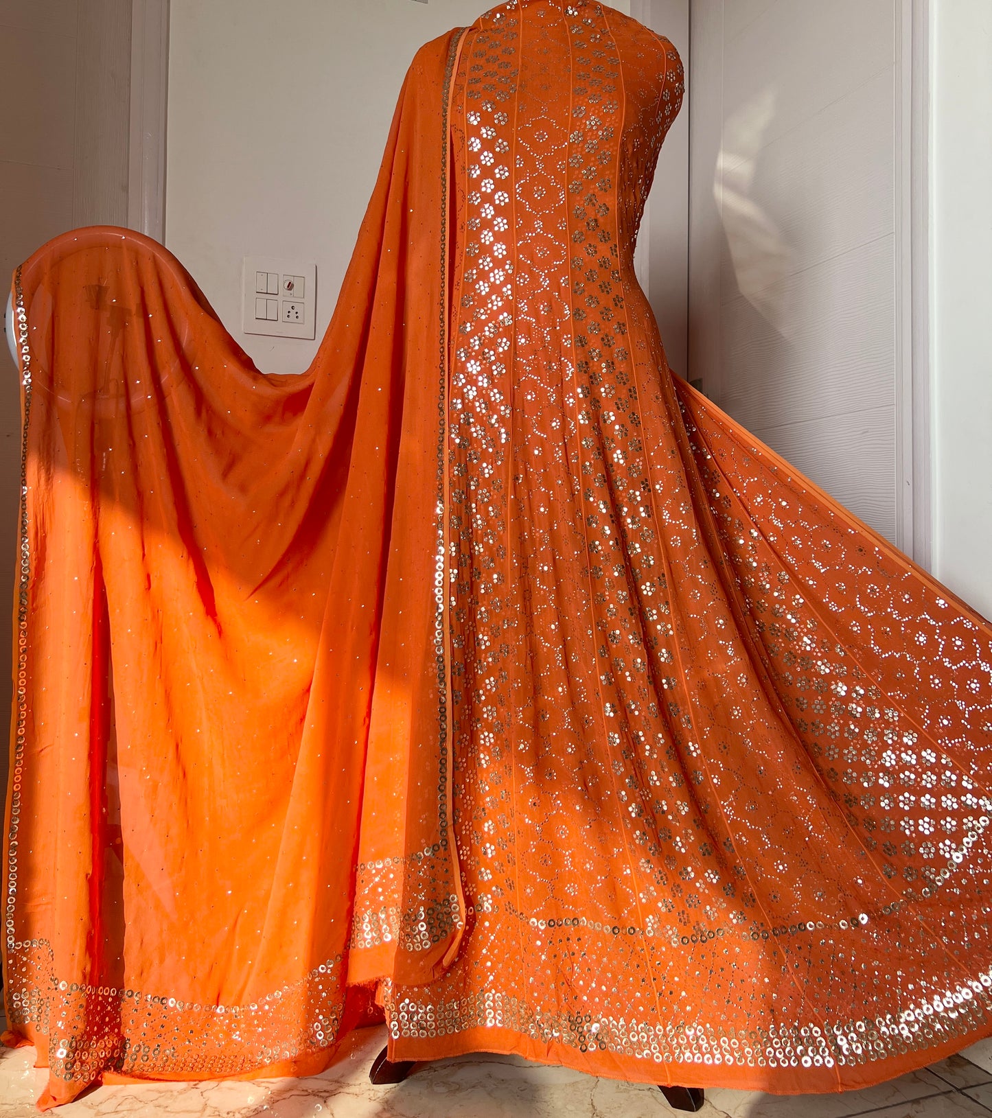 Orange heavy designer Mukaish Georgette Anarkali with Dupatta