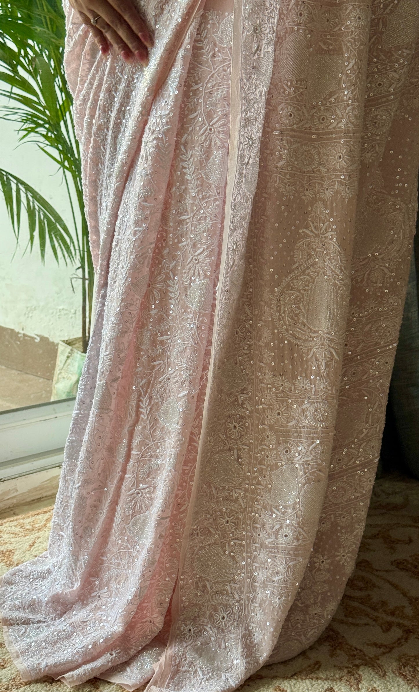 Suhaan Blush Pink Chikankari Do Taar Saree