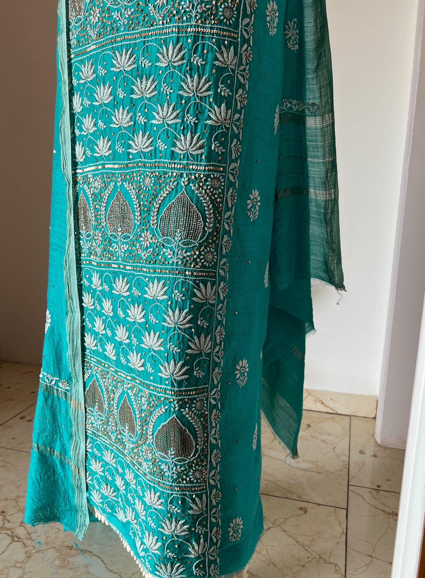 Moonga Silk Chikankari golden cut dana sequins kurta and dupatta