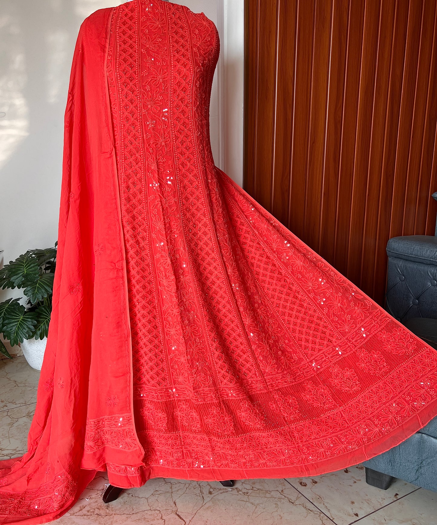 Coral Orange Chikankari Cut Dana and sequins Anarkali with Dupatta