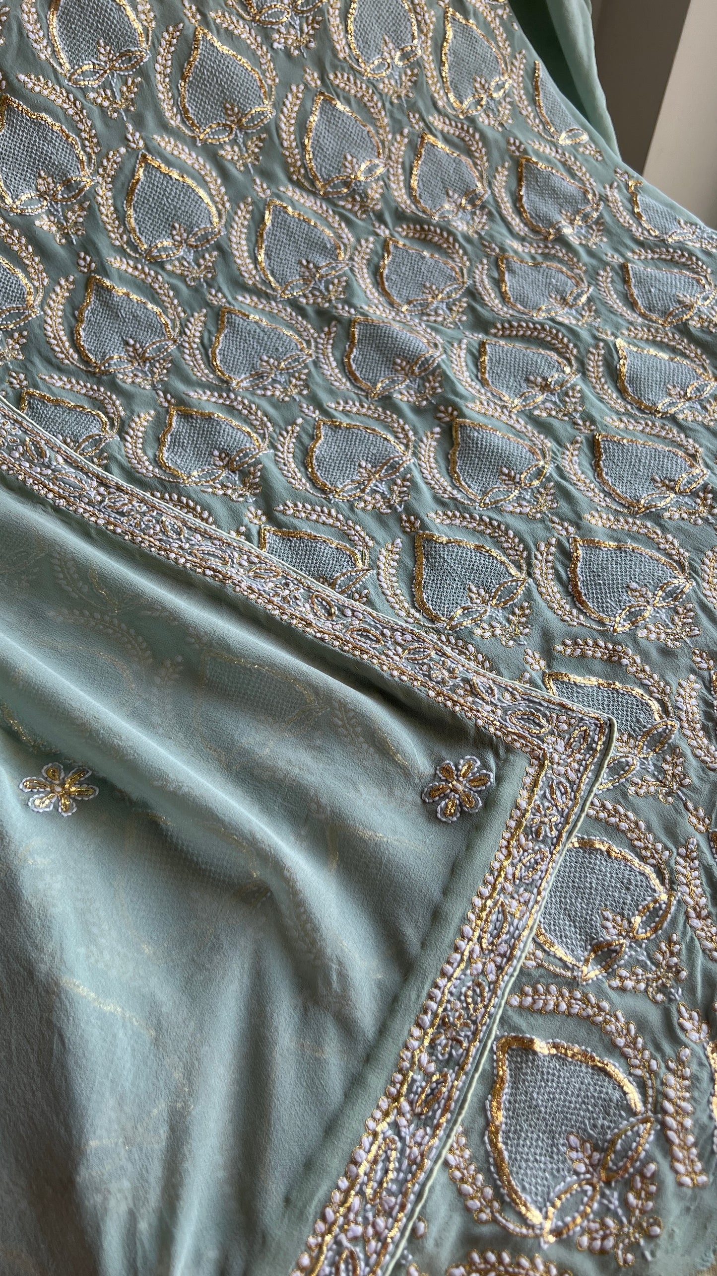 Sage Green Chikankari Pitta kasab work kurta and dupatta