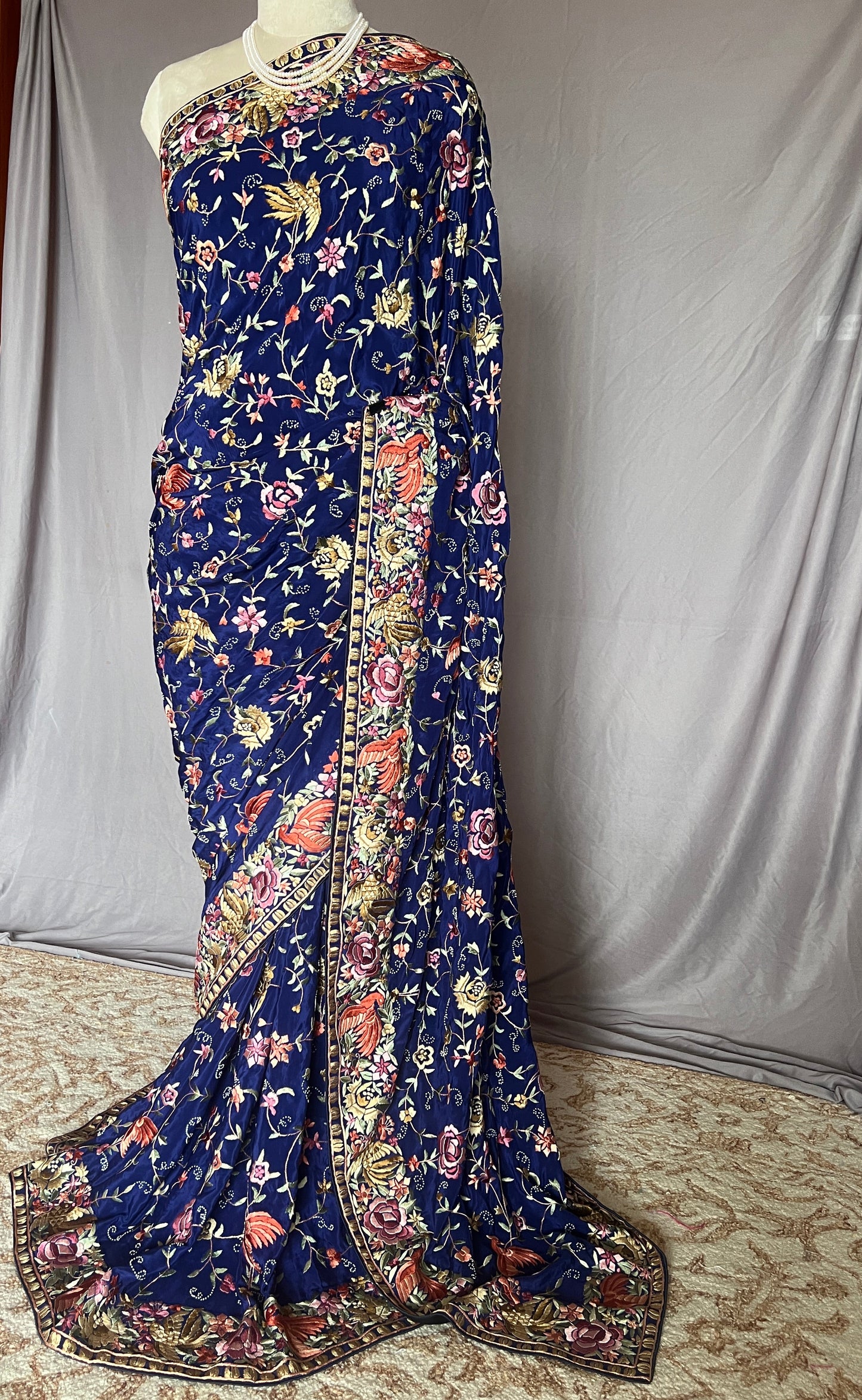 Navy Blue Masterpiece Parsi Gara Pure Crepe Saree