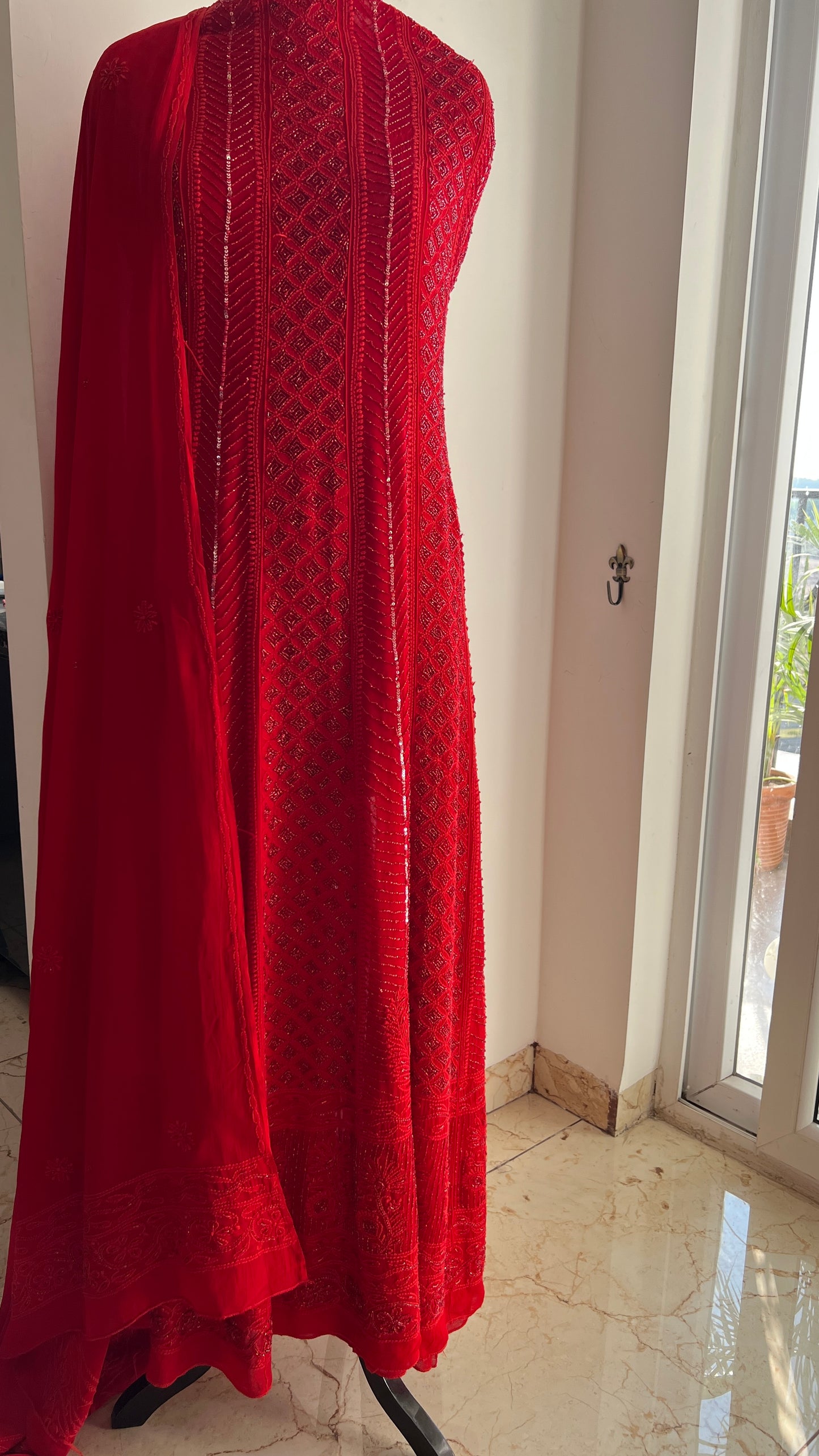 Red Chikankari Cut Dana and sequins Anarkali with Dupatta