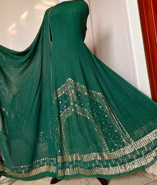 Bottle green designer Mukaish Georgette Anarkali with Dupatta