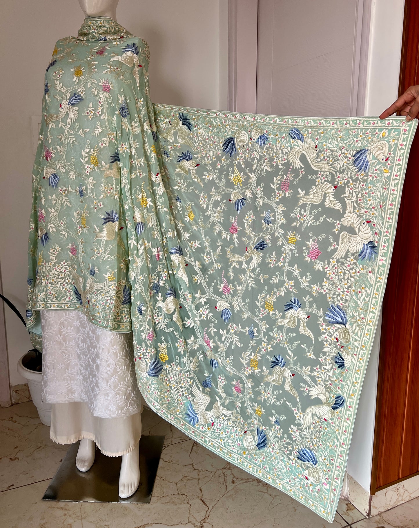 Mint green masterpiece Parsi Gara Dupatta Hand Embroidered