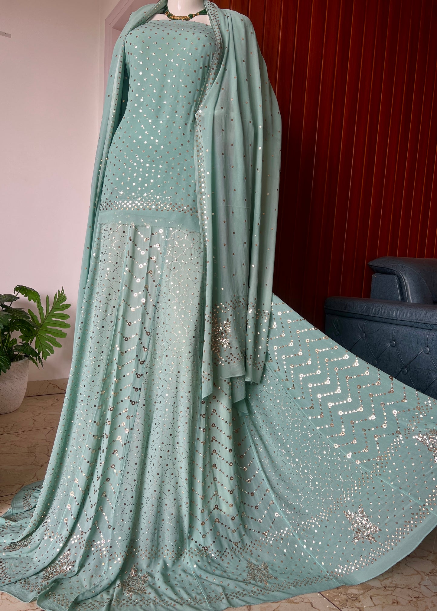 Ruhani Sage Green Allover Mukaish Lehenga Set